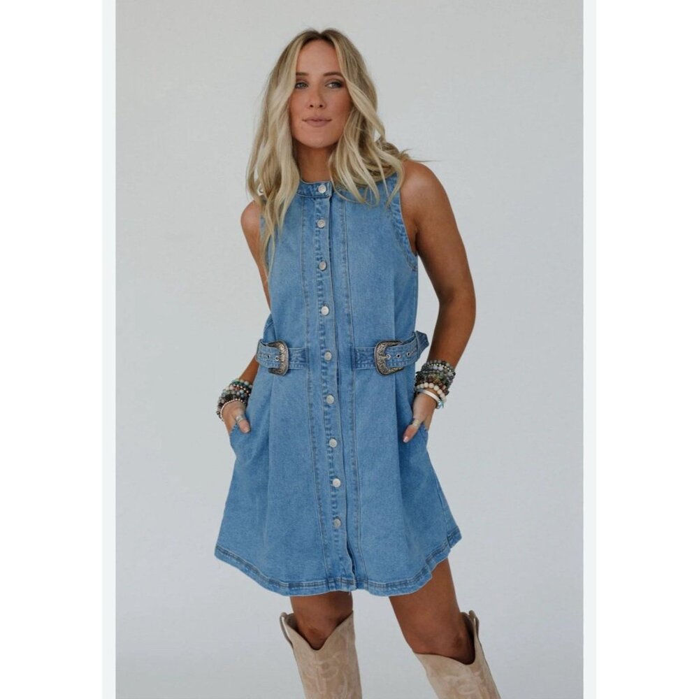 Blue B Denim Mini Dress Belt Buckle Straps Womens Large Festival Concert Western - Picture 3 of 16